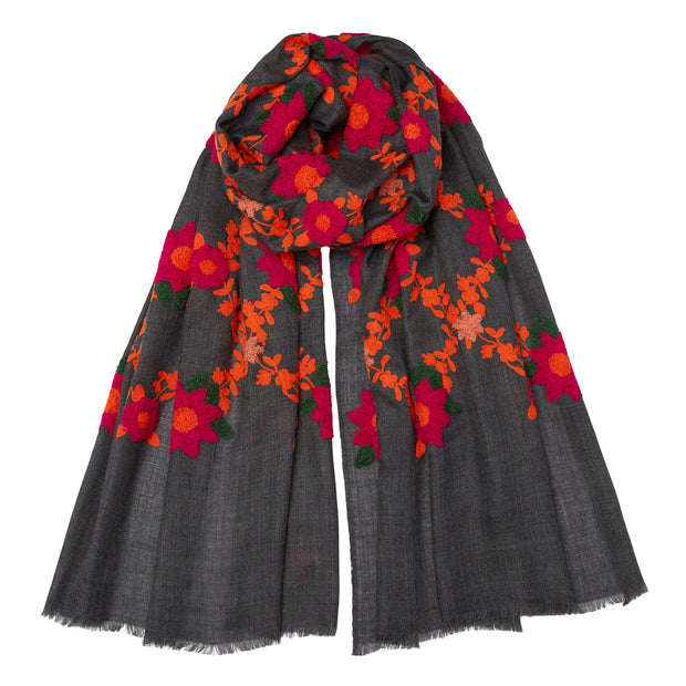 Mexican Flower Pashmina - Grey, Orange & Blue