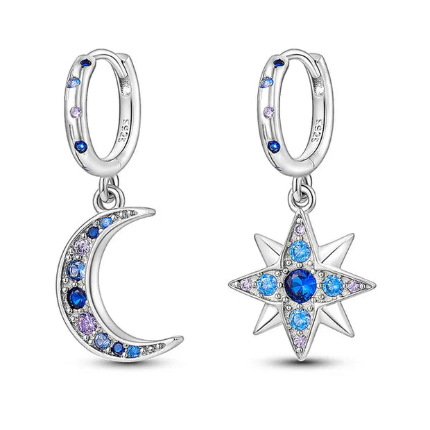 Silver Hoop Earrings with Star & Moon Zirconia Pendants