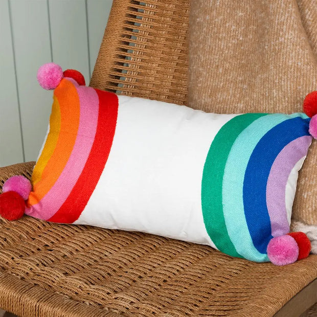 Embroidered Pom Pom Cushion - Rainbow