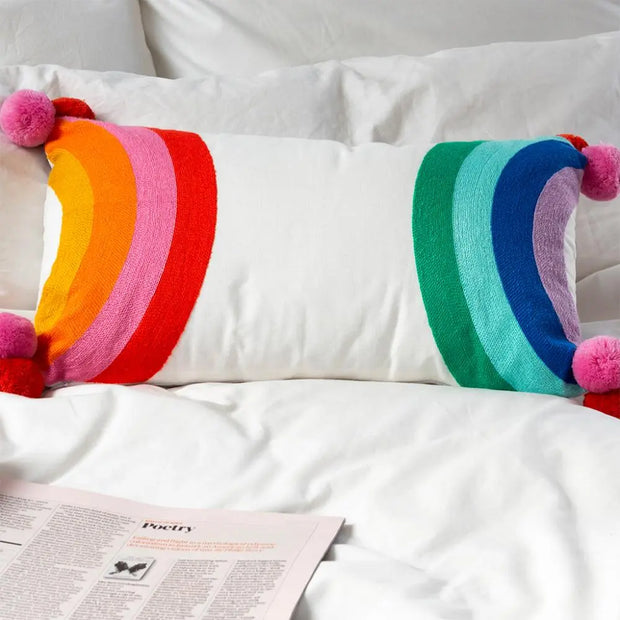 Embroidered Pom Pom Cushion - Rainbow