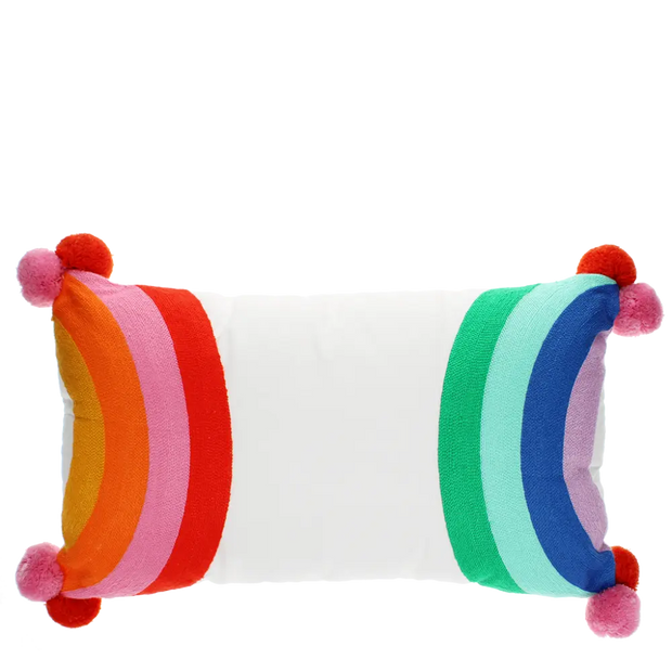 Embroidered Pom Pom Cushion - Rainbow