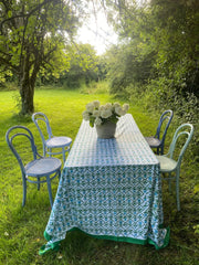 Twizzell Block Print Large Tablecloth - Blue & Green Diamond