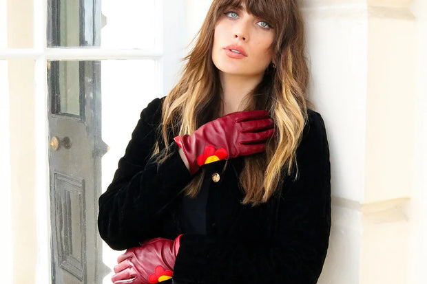 Mabel Sheppard Leather Gloves - Burgundy Daisy