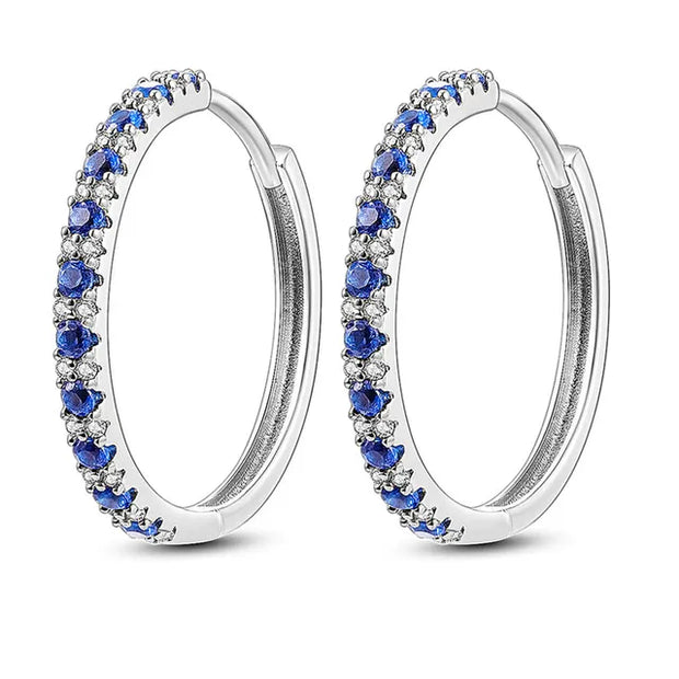 Large Silver Hoop Earrings with Blue & White Zirconia Stones