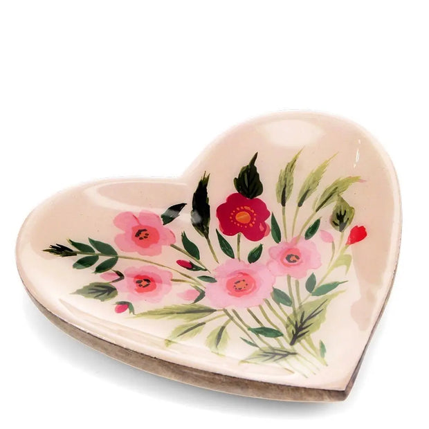 Wooden Heart Trinket Dish - Flowers
