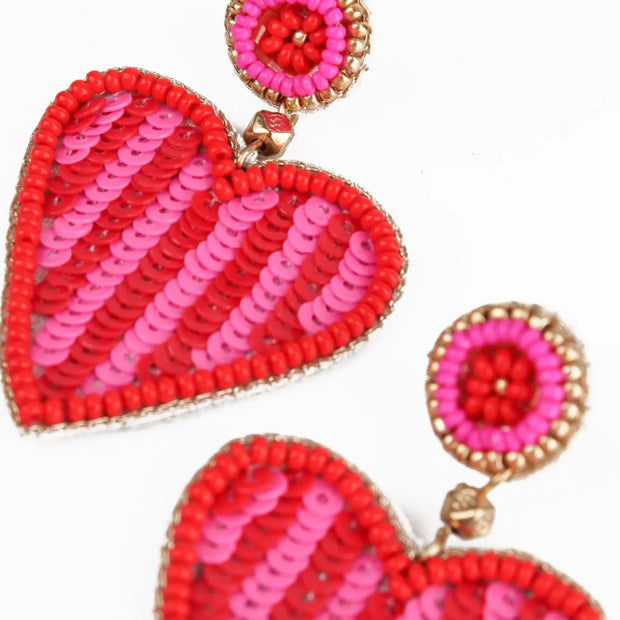 My Doris Heart Drop Earrings - Pink & Red Stripe