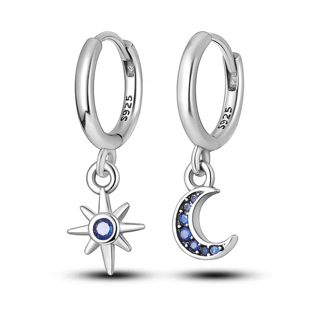 Silver Hoop Earrings with Mini Star & Moon Zirconia Pendants