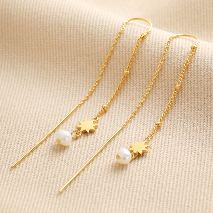 Thread Through Star And Pearl Chain Earrings