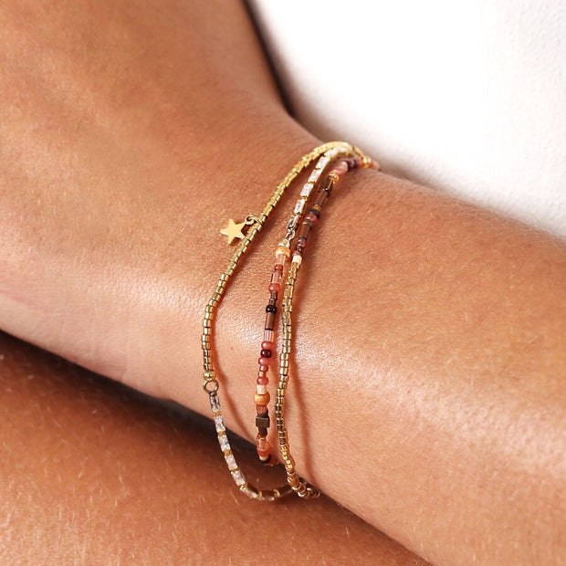 Brown Bead & Star Charm Multi Layer Bracelet in Gold