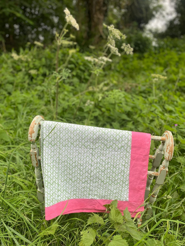 Twizzell Block Print Large Tablecloth - Sage, White & Pink