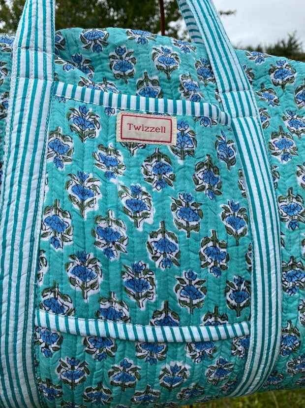 Twizzell Indian Block Print Weekend Bag - Turquoise & Blue