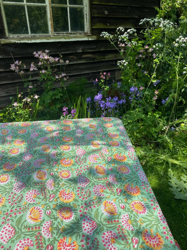 Twizzell Block Print Large Tablecloth - Green Multi Floral