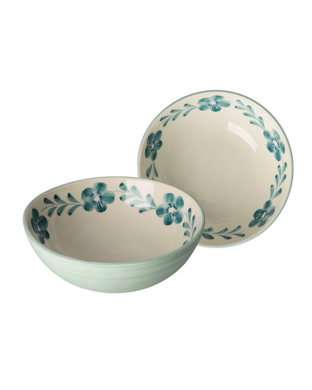 Large Ceramic Bowl with Hand-painted Green Flower Vine