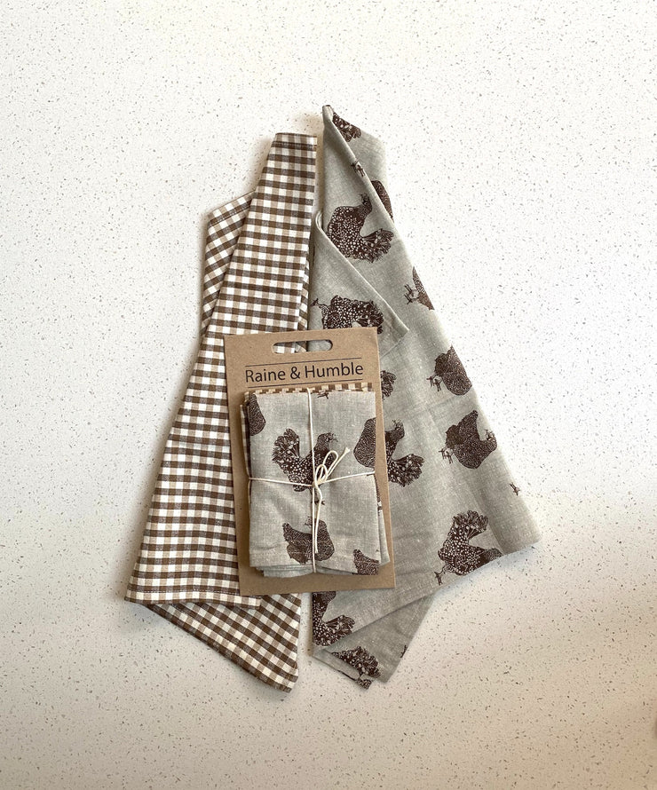 Raine & Humble Set of 2 Tea Towels - Gingham & Henrietta, Earth Brown