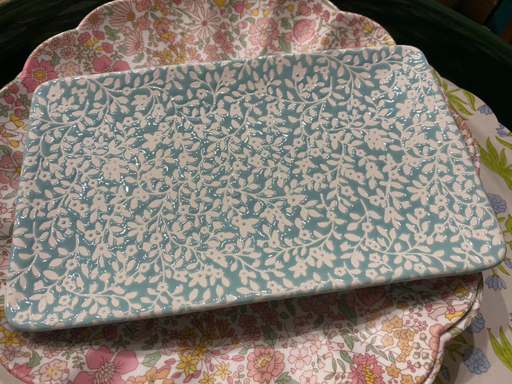 Ceramic Rectangle Trinket Dish - Blue Floral Vines
