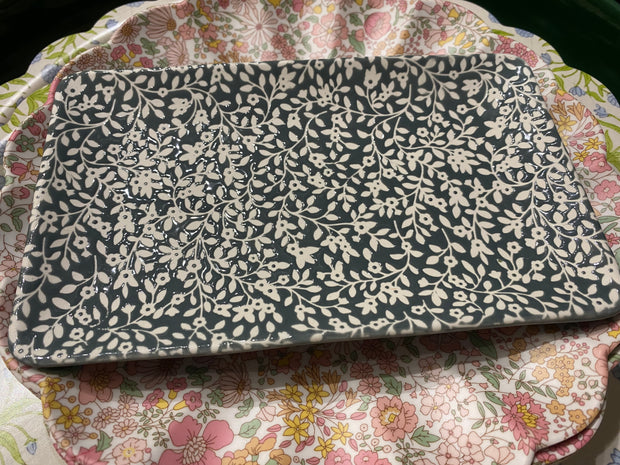 Ceramic Rectangle Trinket Dish - Grey Floral Vines
