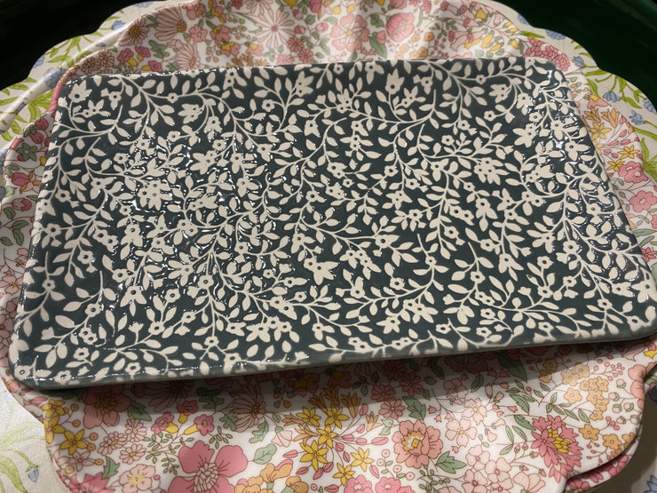 Ceramic Rectangle Trinket Dish - Grey Floral Vines