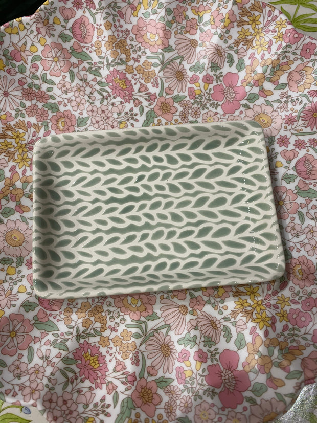 Small Trinket Dish - Green & White Porcelain Leaves