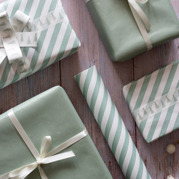 Recycled 5m Roll of Wrapping Paper - Green Stripe
