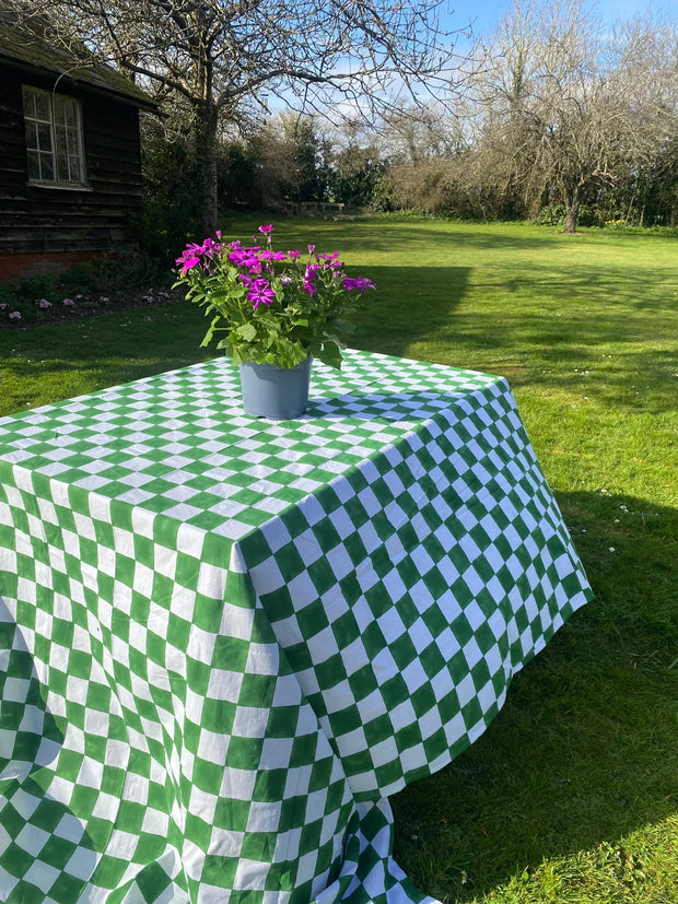 Twizzell Block Print Large Tablecloth - Racing Green Checkerboard