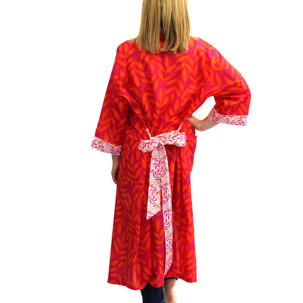 Lime Tree Block Printed Kimono - Magenta & Orange Leaf