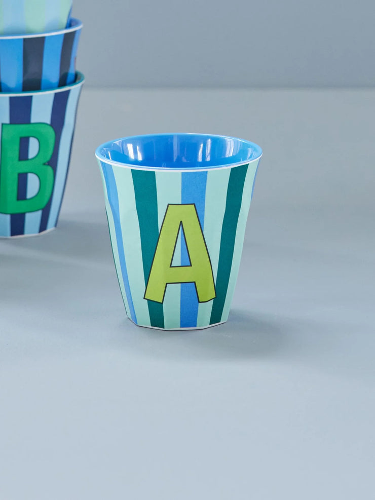 Rice Initial Alphabet Melamine Cups - Blue/Green Stripes