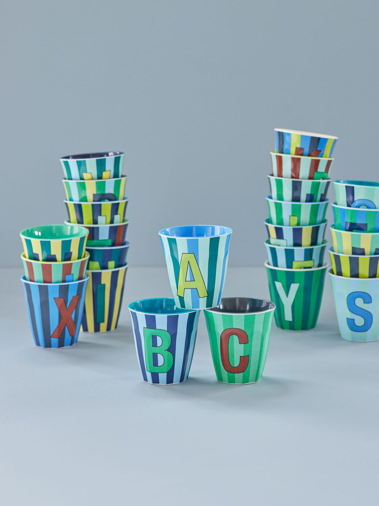 Rice Initial Alphabet Melamine Cups - Blue/Green Stripes