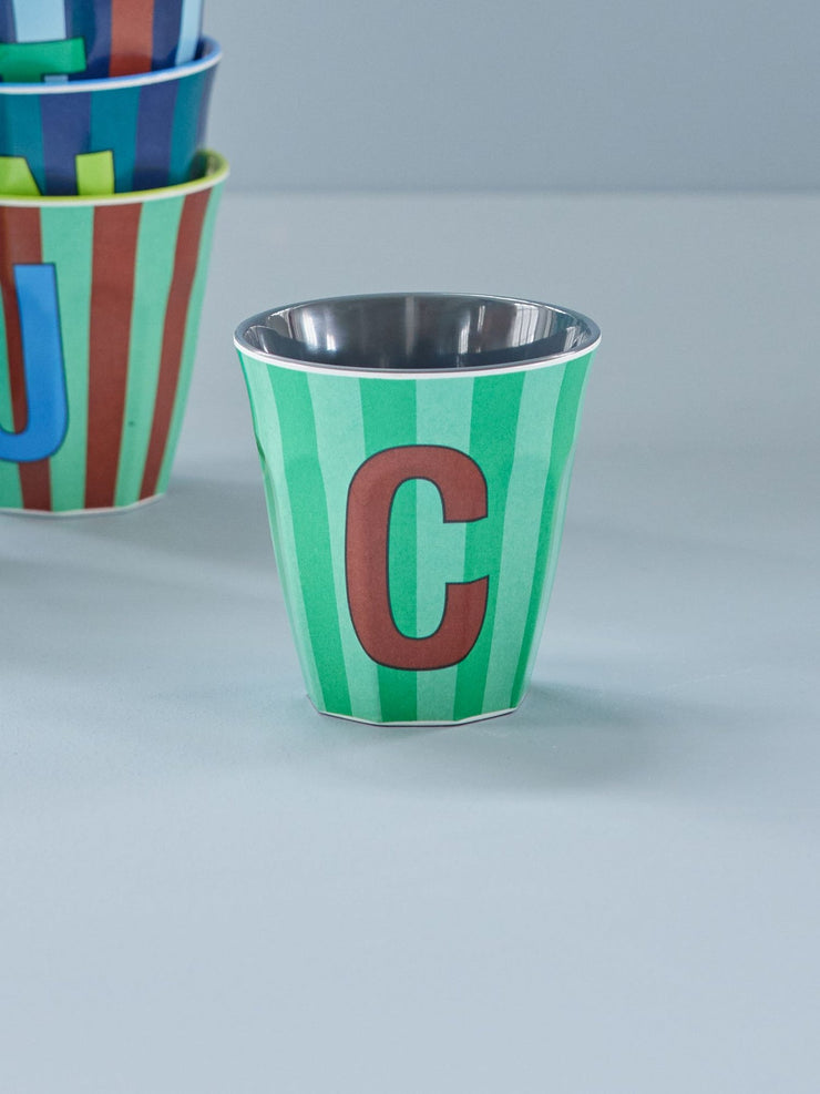 Rice Initial Alphabet Melamine Cups - Blue/Green Stripes