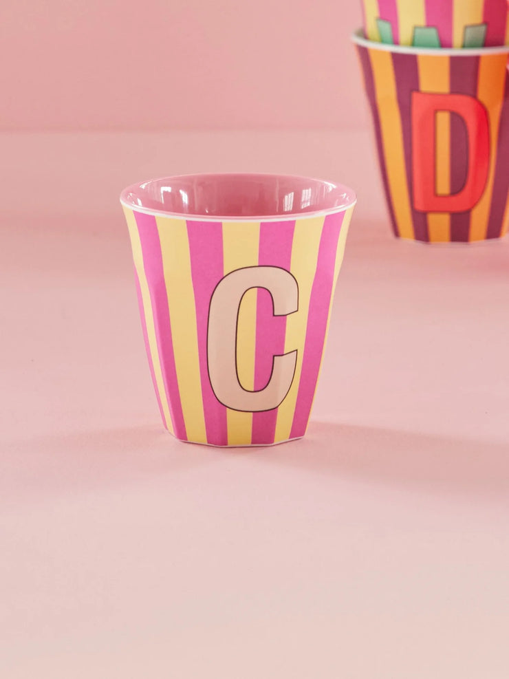 Rice Initial Alphabet Melamine Cups - Pink/Orange Stripes