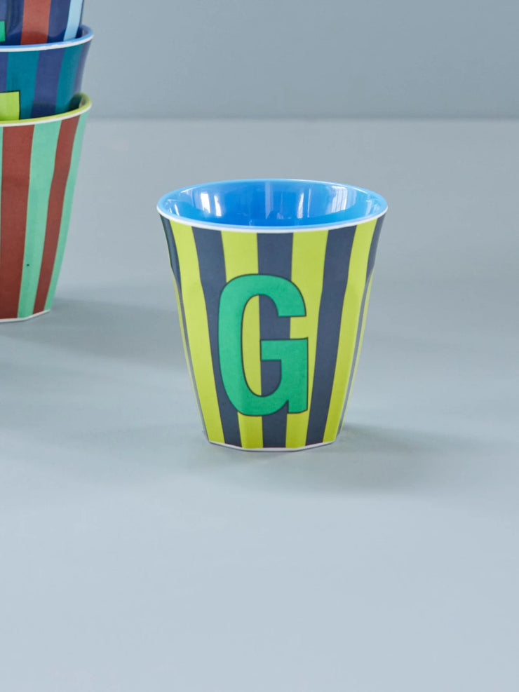 Rice Initial Alphabet Melamine Cups - Blue/Green Stripes