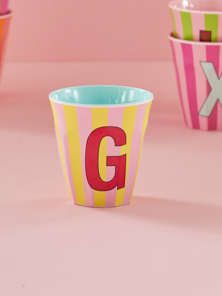 Rice Initial Alphabet Melamine Cups - Pink/Orange Stripes