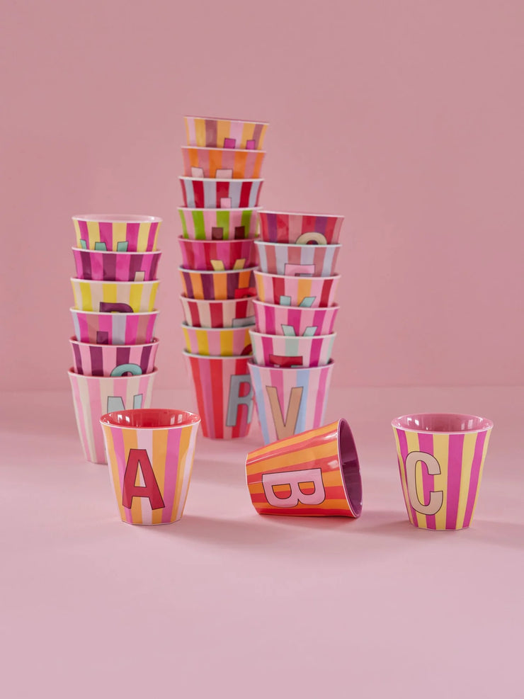 Rice Initial Alphabet Melamine Cups - Pink/Orange Stripes