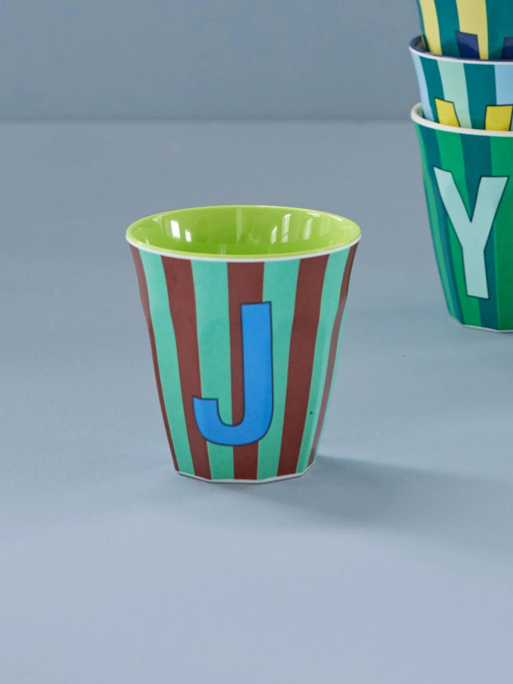 Rice Initial Alphabet Melamine Cups - Blue/Green Stripes