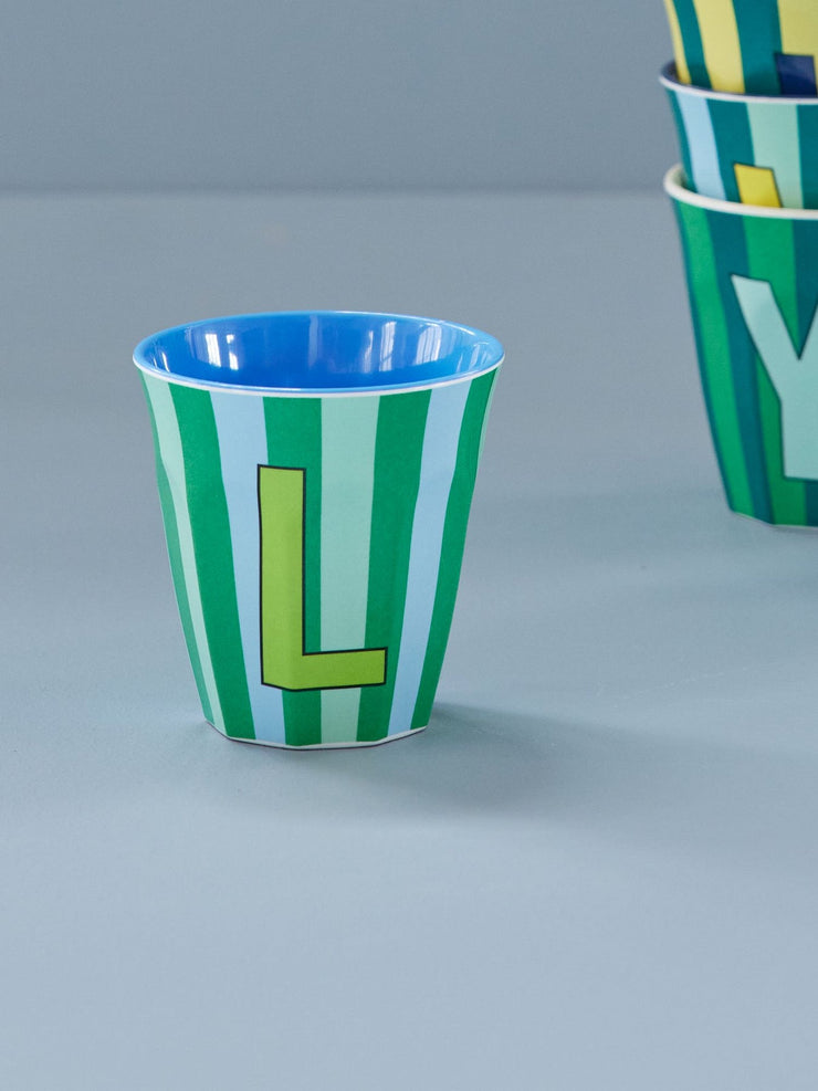 Rice Initial Alphabet Melamine Cups - Blue/Green Stripes