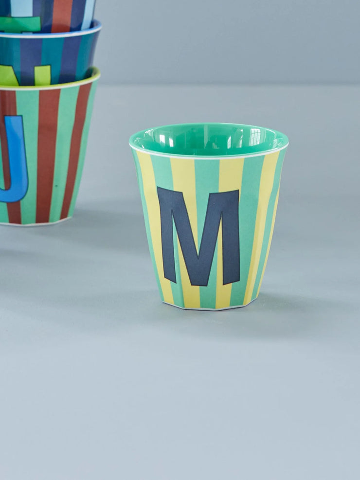 Rice Initial Alphabet Melamine Cups - Blue/Green Stripes