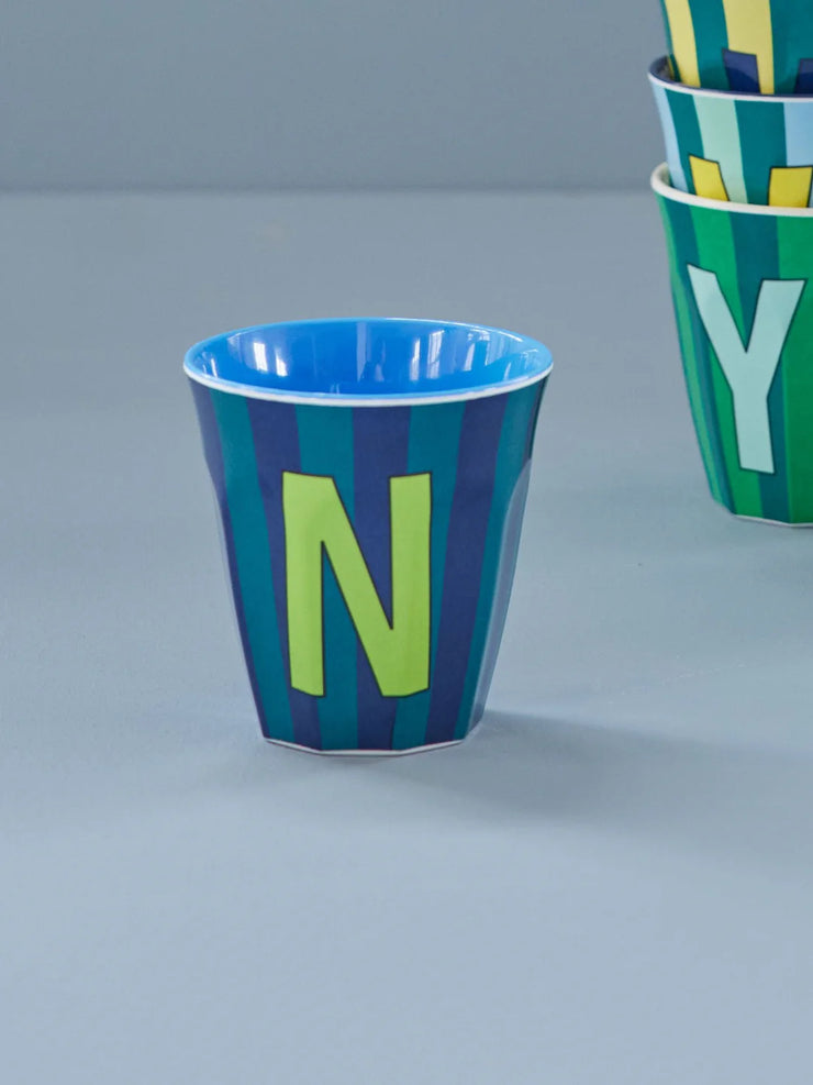 Rice Initial Alphabet Melamine Cups - Blue/Green Stripes