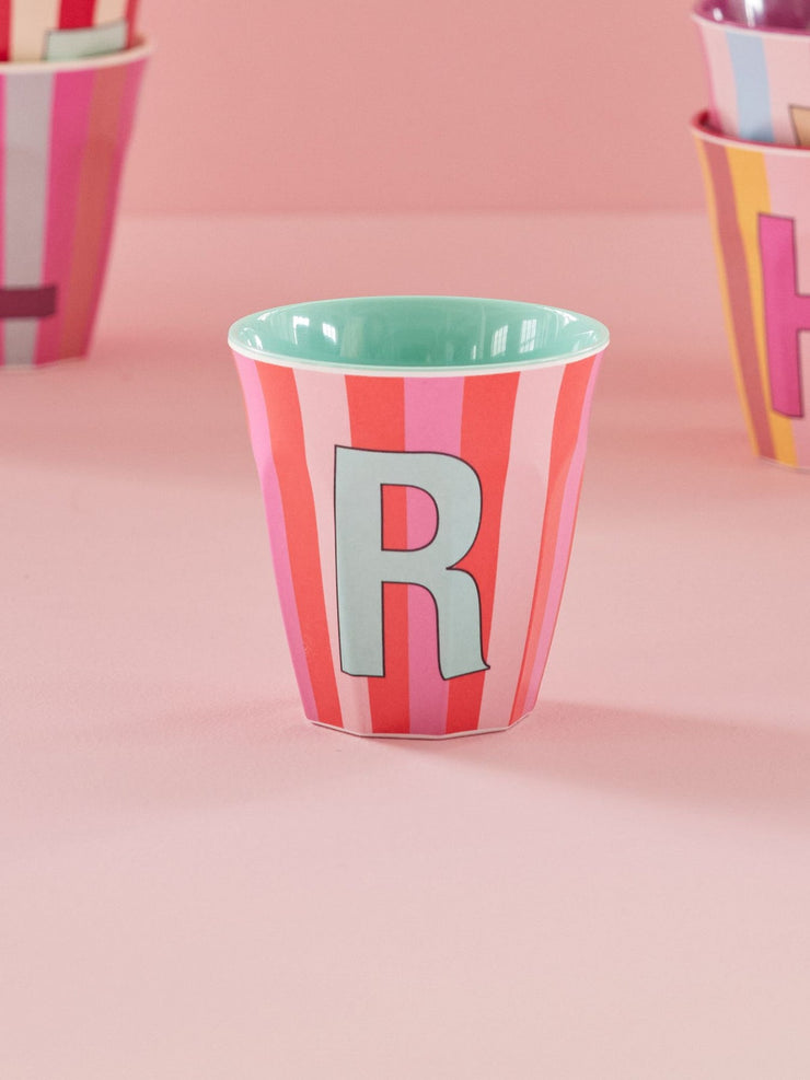 Rice Initial Alphabet Melamine Cups - Pink/Orange Stripes