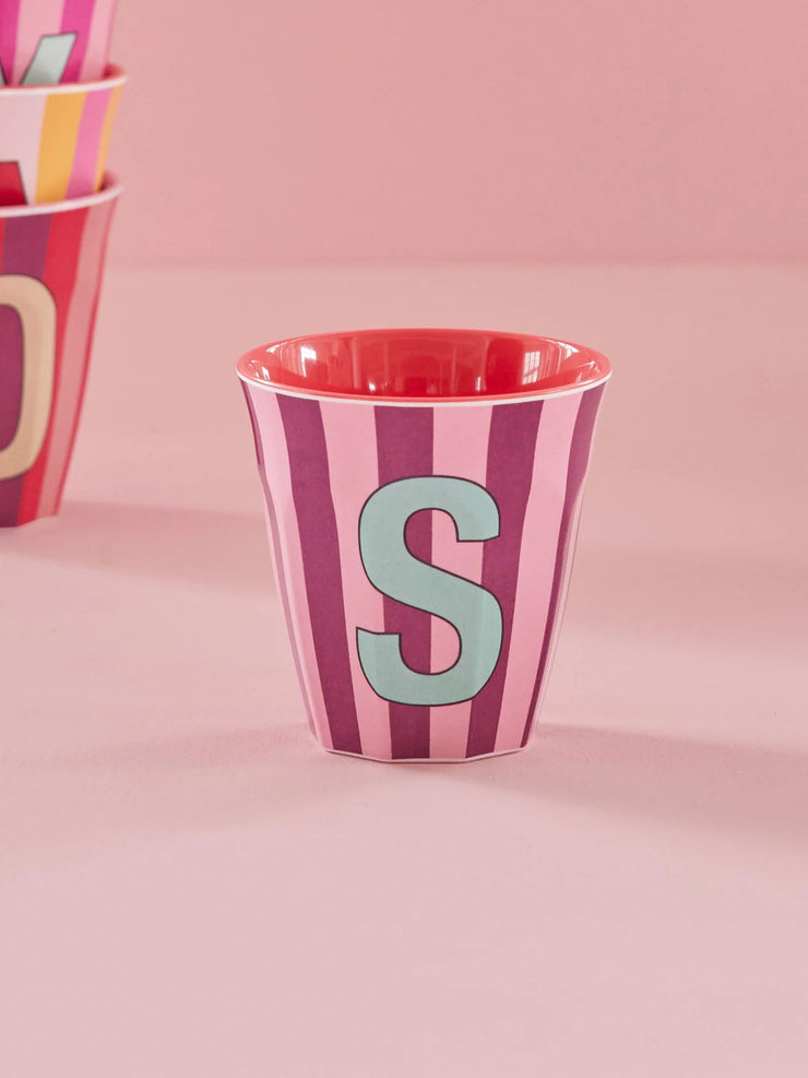 Rice Initial Alphabet Melamine Cups - Pink/Orange Stripes