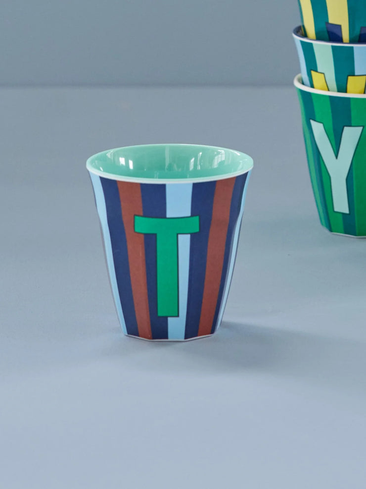 Rice Initial Alphabet Melamine Cups - Blue/Green Stripes