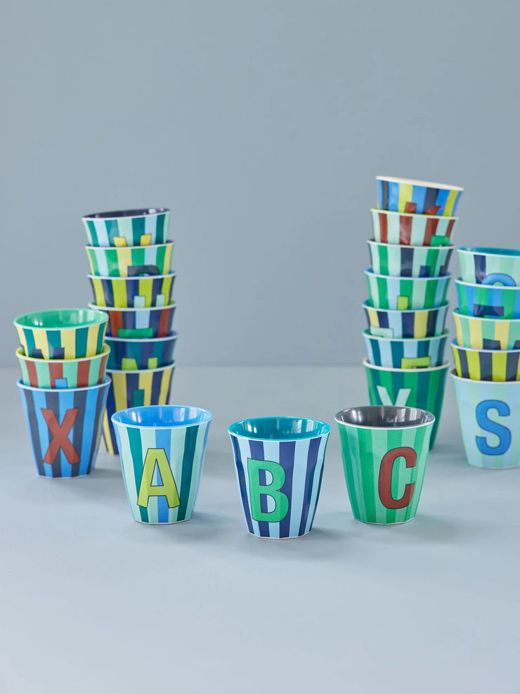 Rice Initial Alphabet Melamine Cups - Blue/Green Stripes