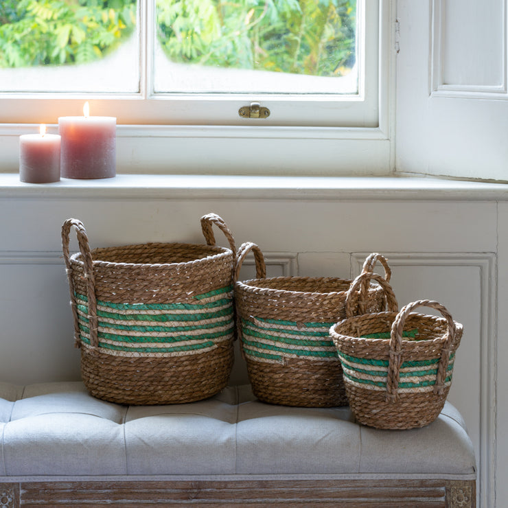 Set of 3 Straw & Corn Baskets - Green Stripe