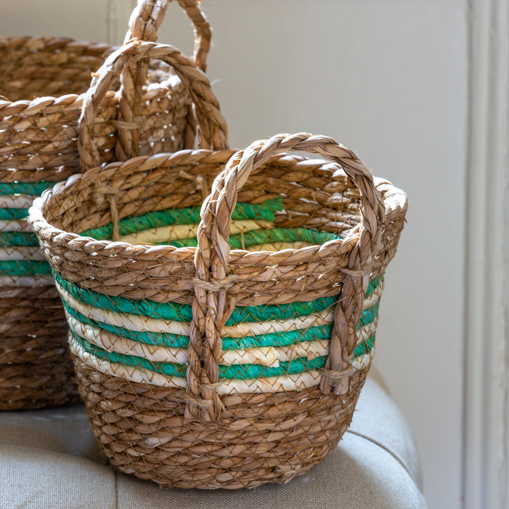 Set of 3 Straw & Corn Baskets - Green Stripe