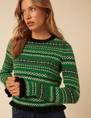 Nobody's Child Fairisle and Ruffle Green Jumper