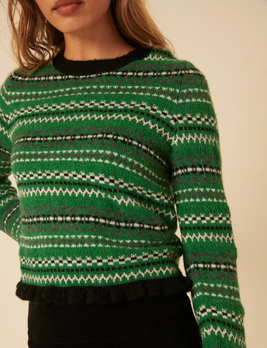 Nobody's Child Fairisle and Ruffle Green Jumper