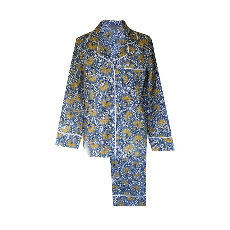 Lime Tree Block Printed Pyjamas - Jaipur Blue & Yellow