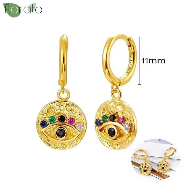 Gold Hoops with Rainbow Eye Pendant