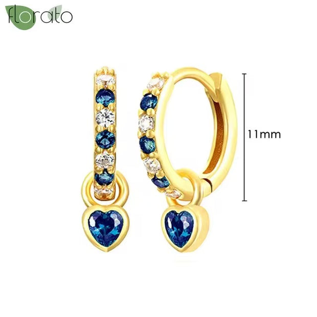 Gold Hoop Earrings with Blue Hearts