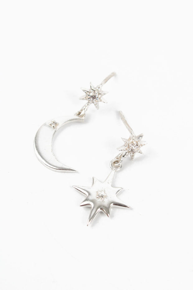 My Doris Silver Star & Moon Odd Drop Earrings