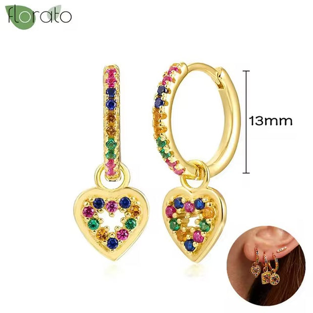 Gold Hoop Earrings with Rainbow Heart Pendant