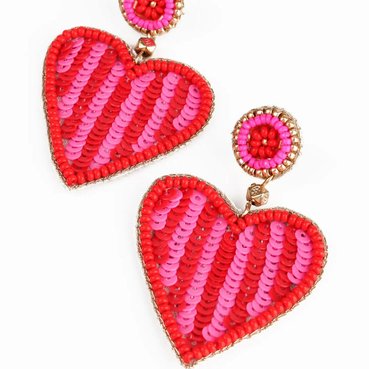 My Doris Heart Drop Earrings - Pink & Red Stripe